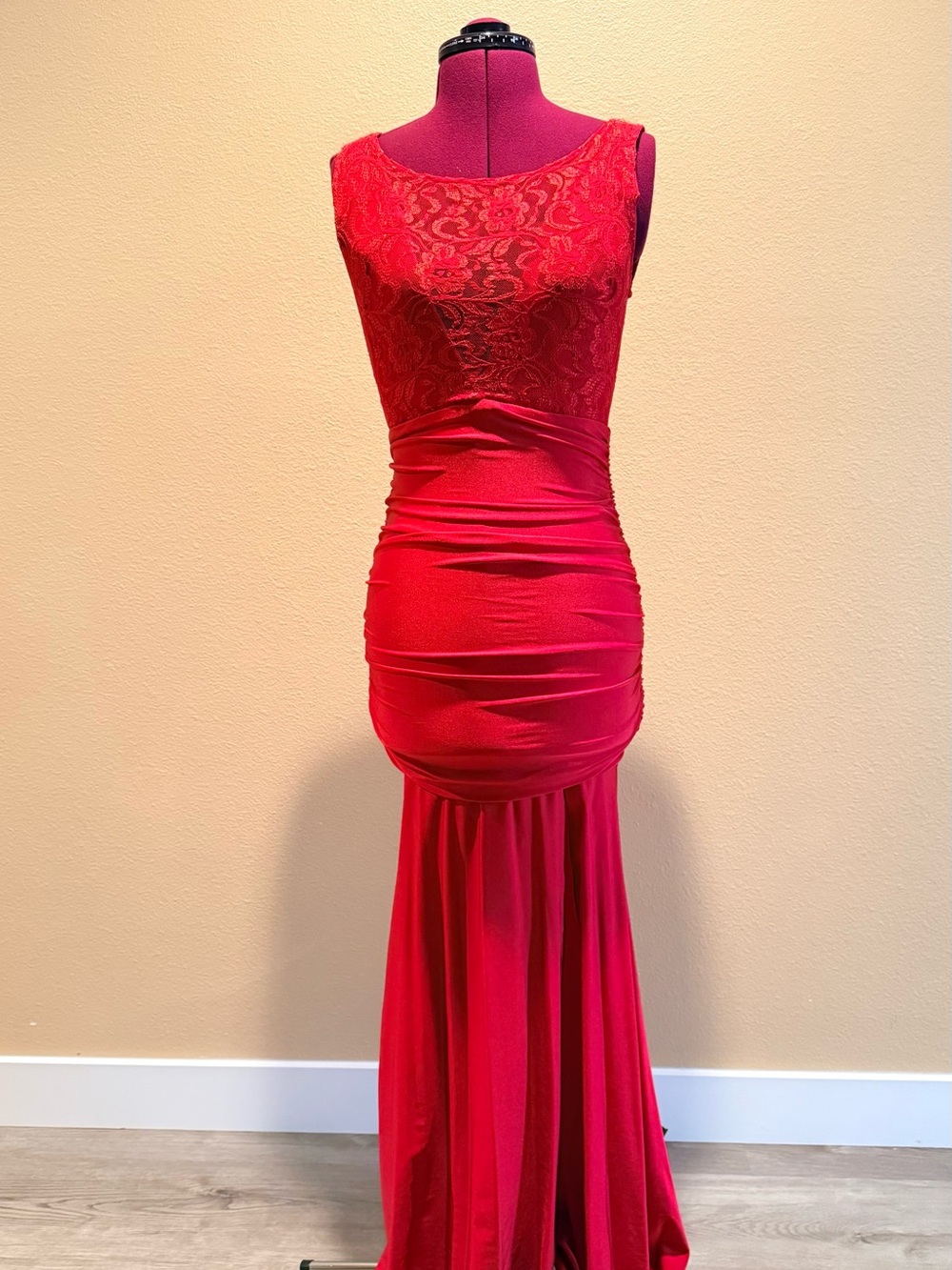 Red Lace-Top Maxi Evening Gown by